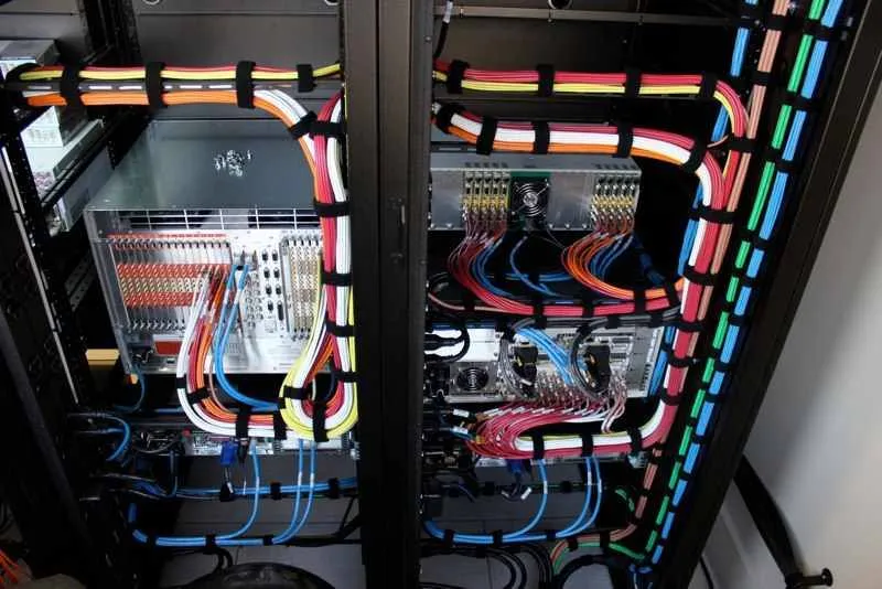 Neatly dressed network and AV cabling in an equipment rack installed by Pinnacle Systems
